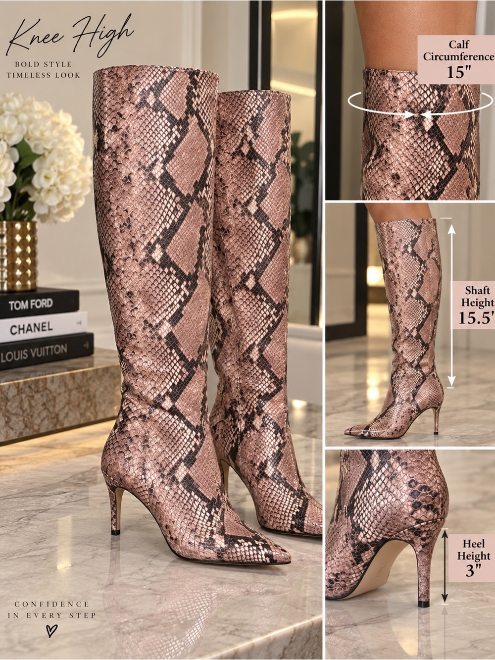 Python-Print Knee-High Boots and Matching Handbag in Brown - Picture 2 of 3